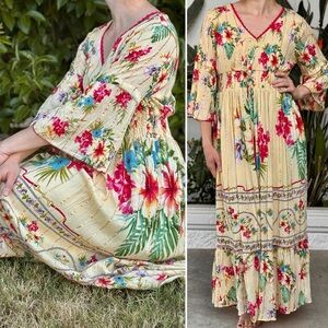 💯 % VISCOSE Floral yellow  Maxi Dress boho Gypsy inspired summer dress